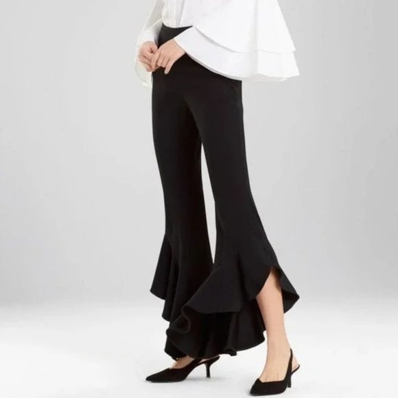 Josie Natori Black Pants Ruffle Bell bottom Women's size 6 - Picture 1 of 14
